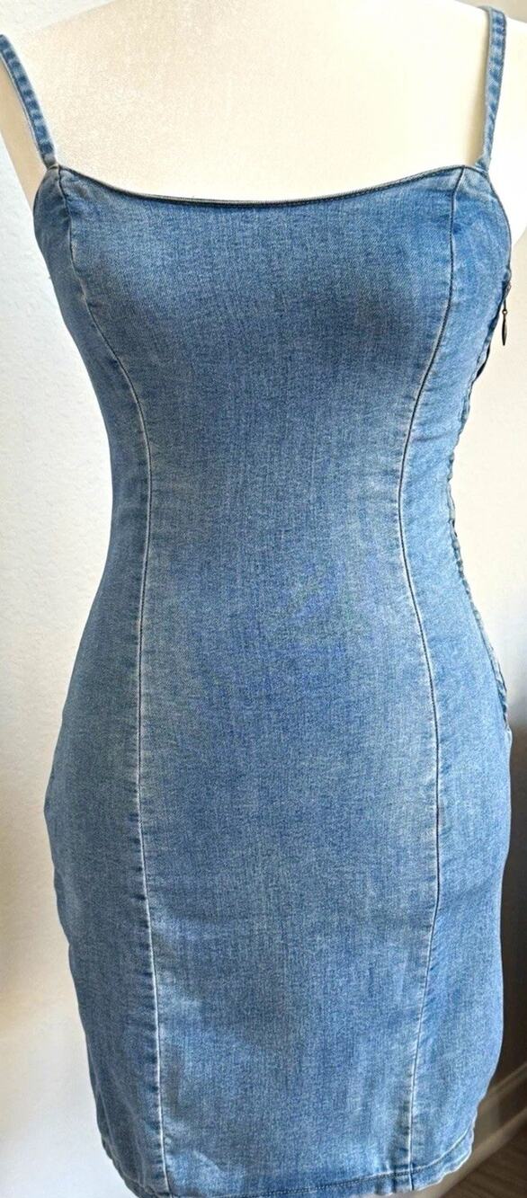 H&M Blue Denim Bodycon Mini Dress Square Neck Spaghetti Straps Zip XS